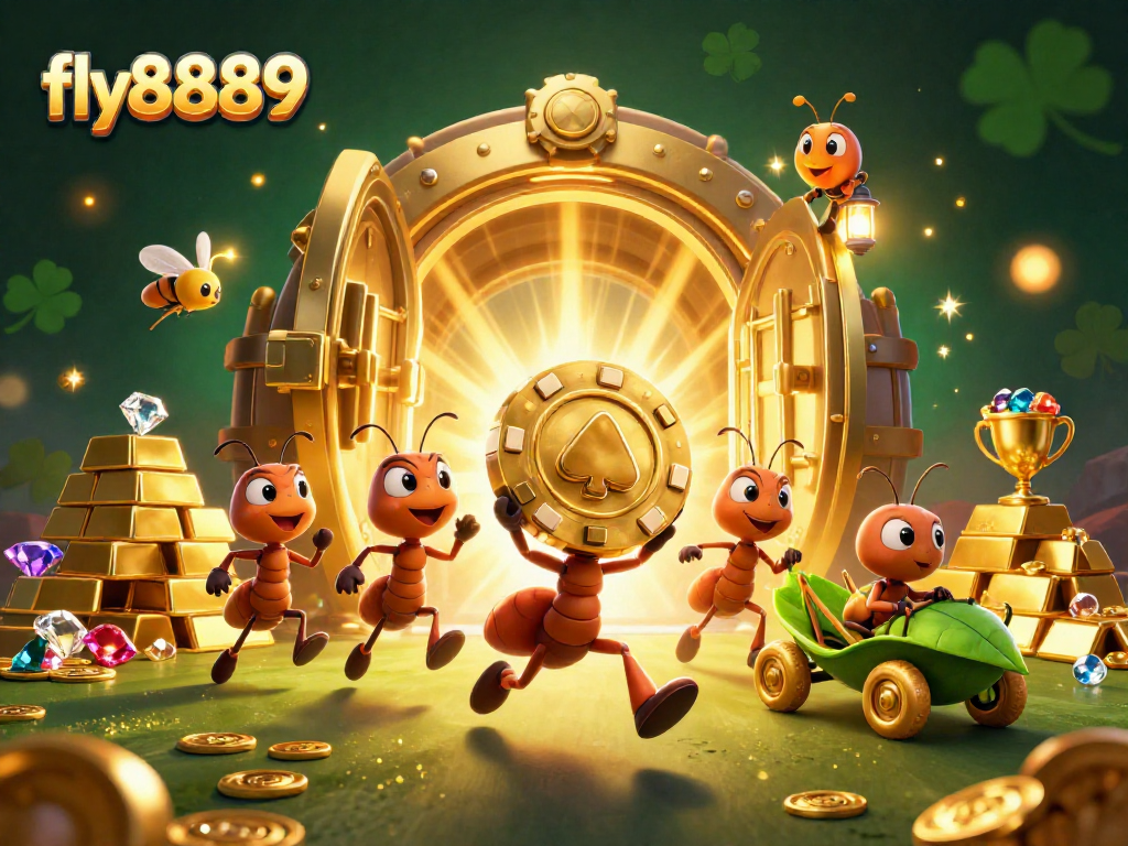 Experience fly8889's thrilling gaming world with cartoon ants heisting rich treasures and vibrant casino elements.
