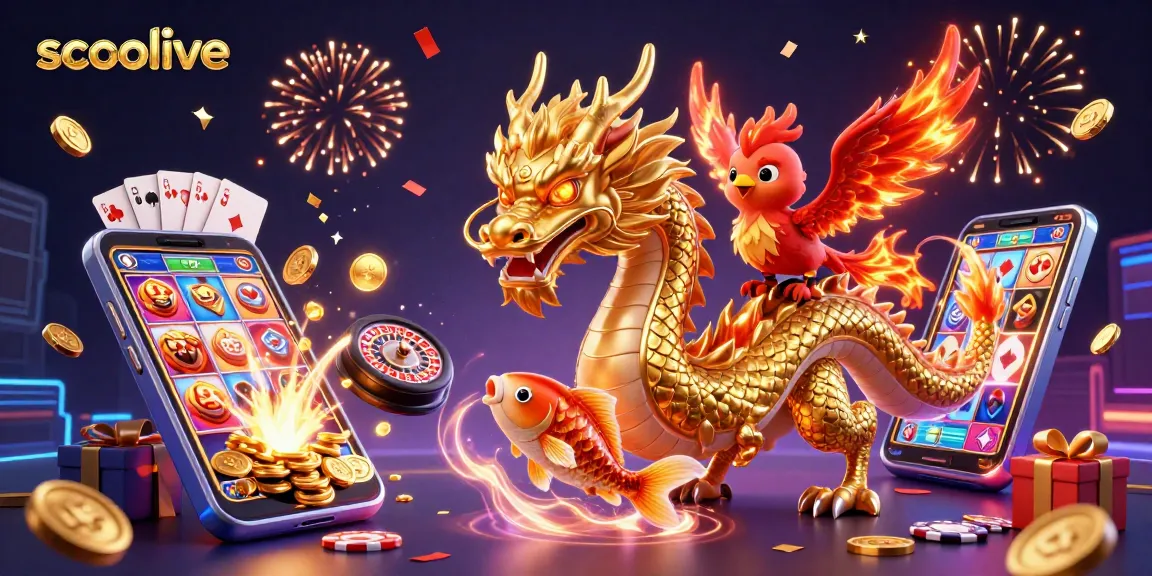 Socolive offers thrilling live-action experiences with a dynamic dragon and phoenix in a vibrant casino atmosphere.