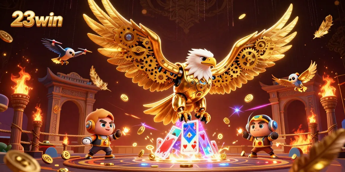 Experience thrilling gameplay at 23win with a dynamic scene featuring a cybernetic eagle amidst holographic cards.