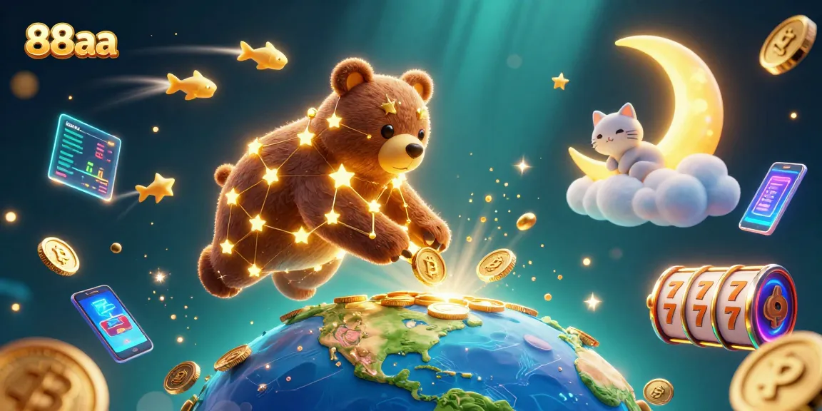 Win exciting rewards at 88aa with vibrant slot reels and crypto elements in a fun 3D casino illustration