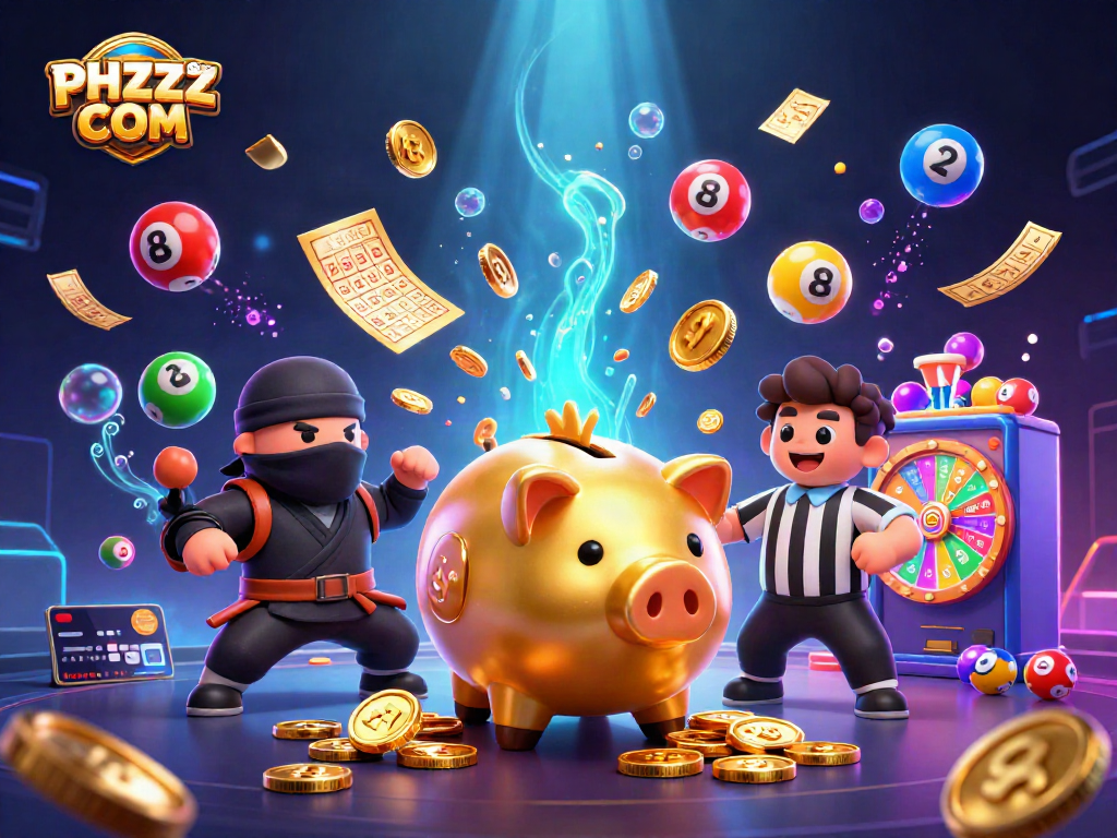 Engage with exciting gameplay via PHZZZ COM featuring a sumo wrestler and vibrant lottery elements.