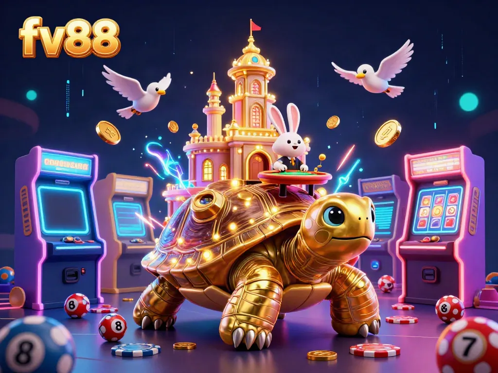 Experience the thrilling world of fv88 with a vibrant casino scene featuring iconic game elements.