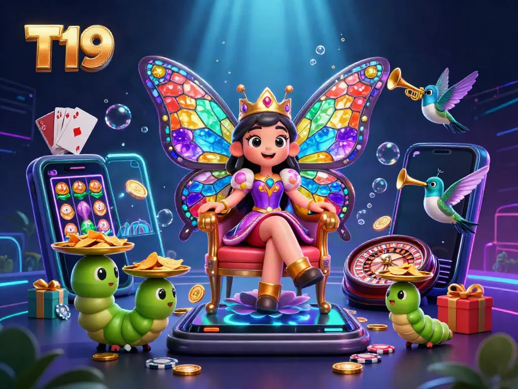 Experience vibrant gaming excitement at T19 with a whimsical butterfly queen, chips, and dynamic casino elements.