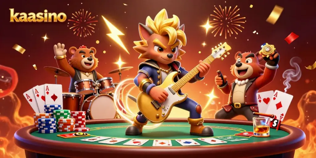 Engage with kaasino as a rock star wolf rocks the casino stage amidst vibrant poker visuals.