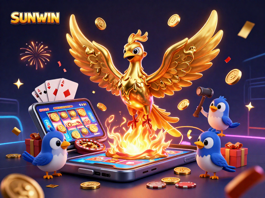 SUNWIN reveals golden phoenix amid casino elements, showcasing dynamic gaming excitement.