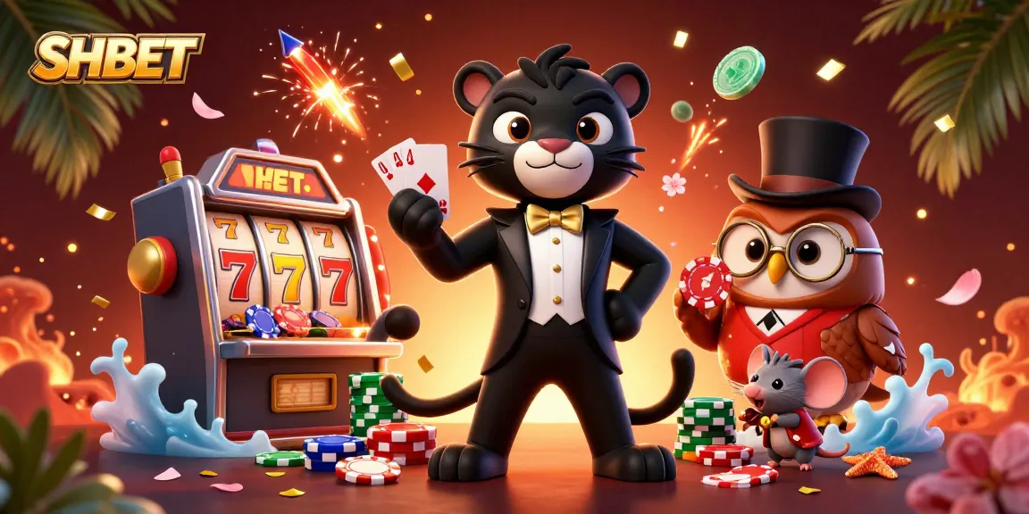 SHBET features a stylish panther dealer, lucky owl, and mouse amidst dynamic casino elements.