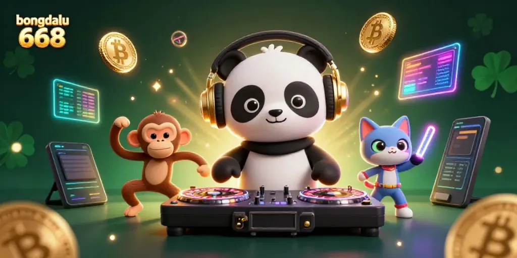 Bongdalu 668 brings the energy of a vibrant casino scene with a DJ panda and breakdancing monkey surrounded by glowing crypto elements.