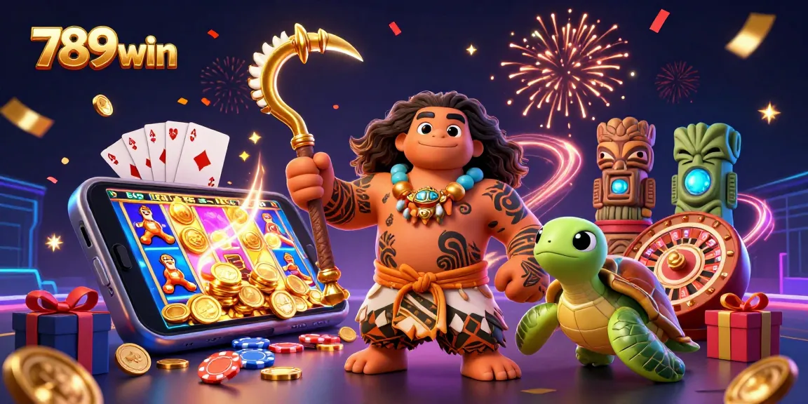 Experience 789win's thrilling gaming with vibrant characters and casino elements in this dynamic illustration.