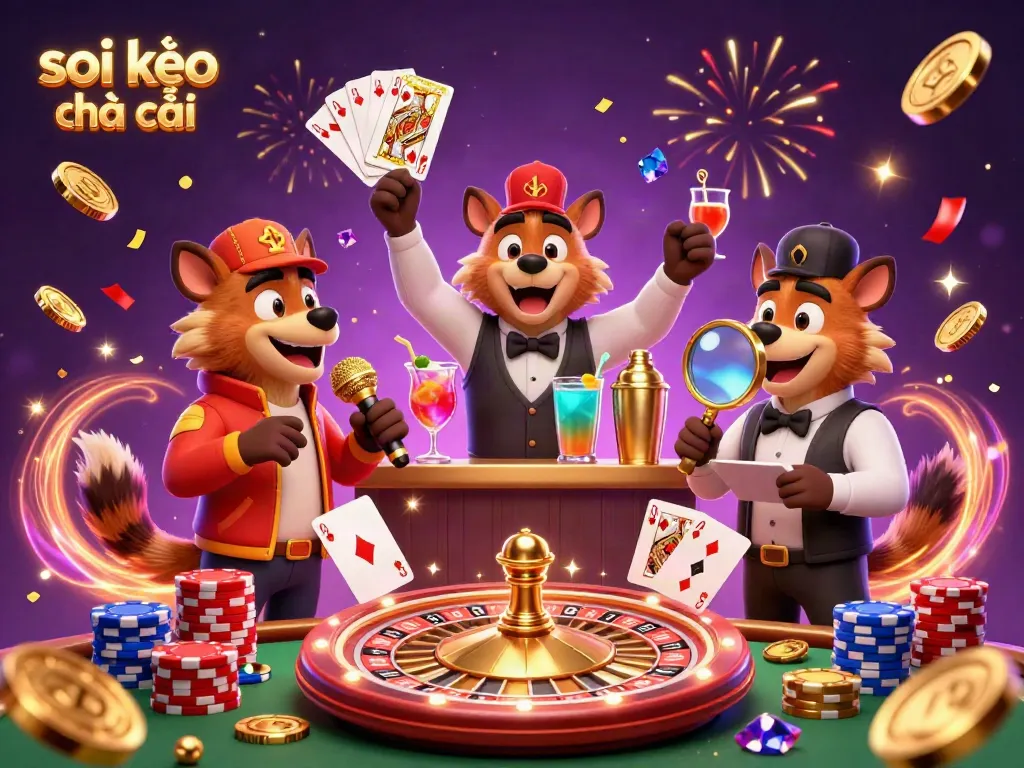 Soi kèo nhà cái showcases lively sports betting with animated hyenas in a colorful casino atmosphere.