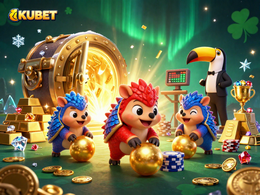 KUBET pangolins bowling through poker chips in a vibrant casino scene with treasures.