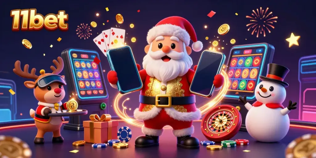 Experience thrilling jackpot slots with 11bet as Santa and friends celebrate in a vibrant casino scene.