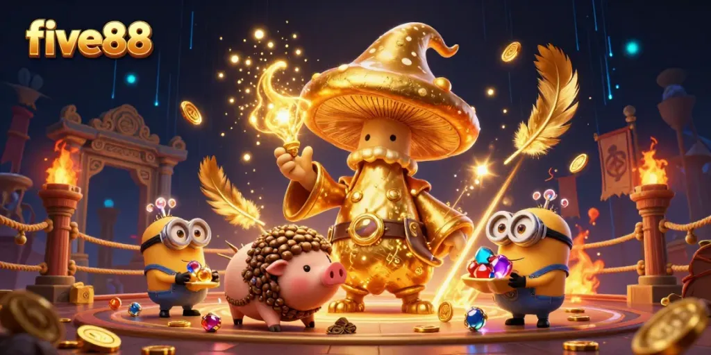 Experience the magical world of five88 with a golden wizard and treasure in a vibrant casino scene.