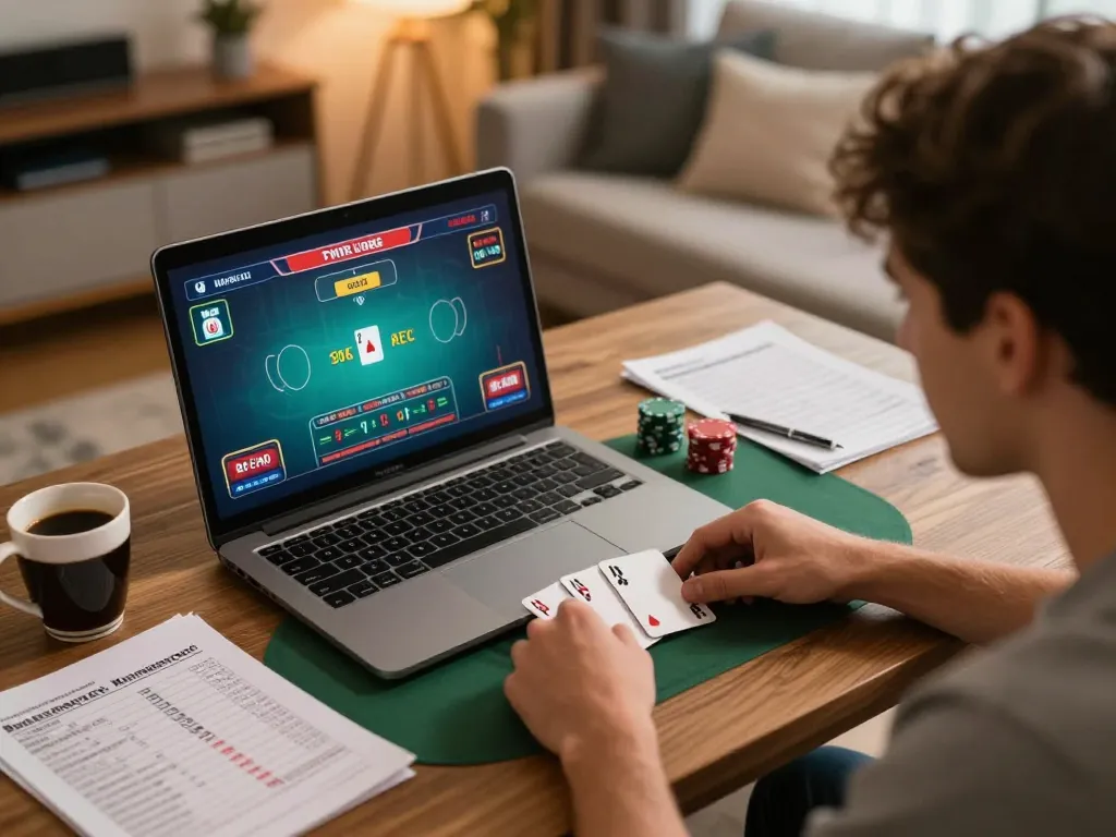 Player mastering blackjack strategies with Jun88 in a cozy home gaming setup.