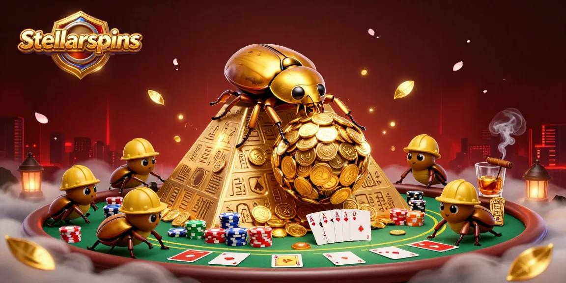 Experience stellarspins through a vibrant scene of golden beetles and poker action.