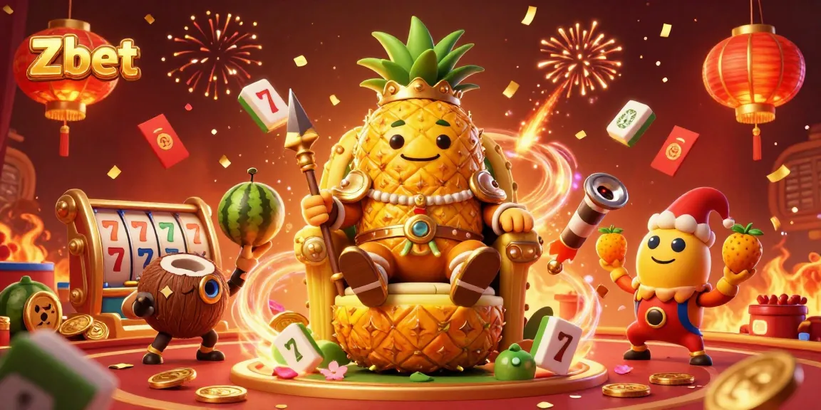 Zbet showcases a vibrant casino scene with a golden pineapple king and dynamic game elements, celebrating winning opportunities.