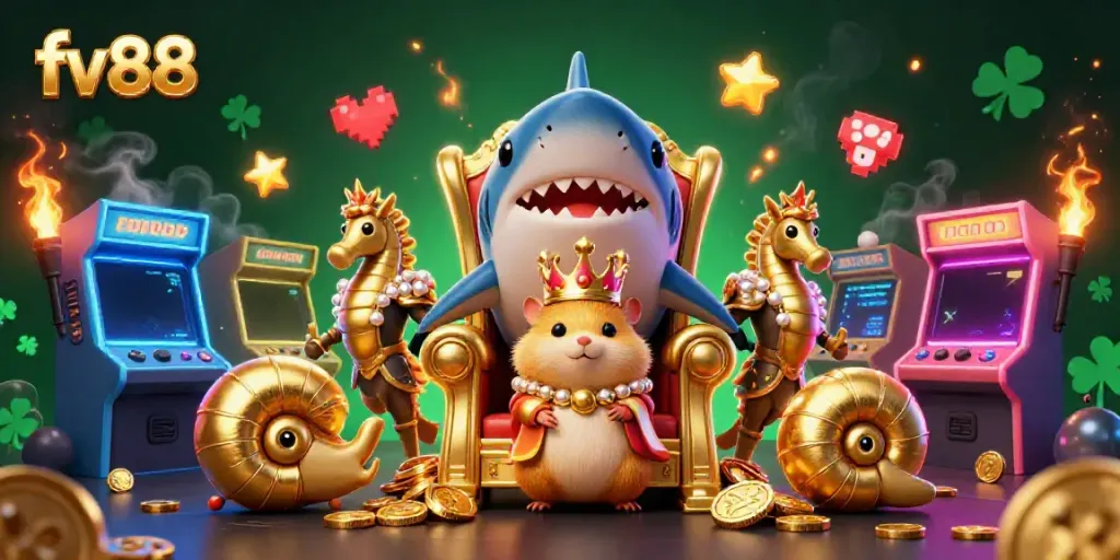 Experience the excitement of fv88 with a cartoon hamster king and vibrant casino gaming elements