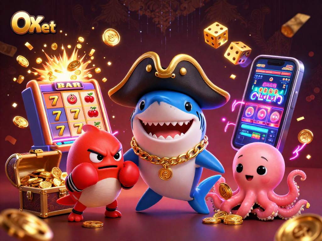 Engaging Ox bet art featuring a pirate shark, boxing pufferfish and coin-holding octopus in a lively casino