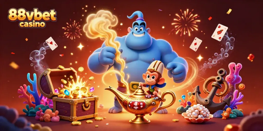 Join the fun at 88vbet casino with a dynamic scene featuring a magical genie and treasures.
