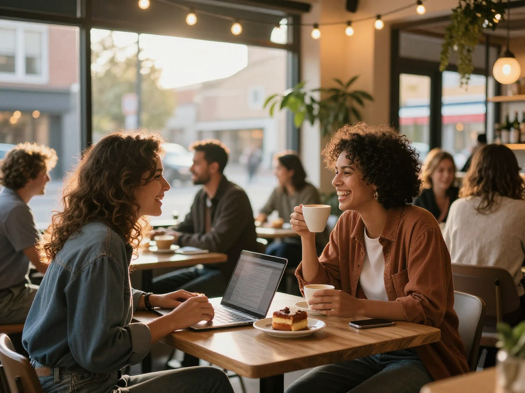 f168 dating couple enjoying coffee in a cozy urban cafe, showcasing vibrant dating atmosphere.