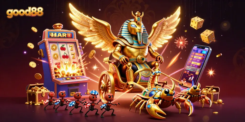 Experience the excitement of good88 gaming with a vibrant 3D casino scene featuring jackpot slot machines and dynamic characters.