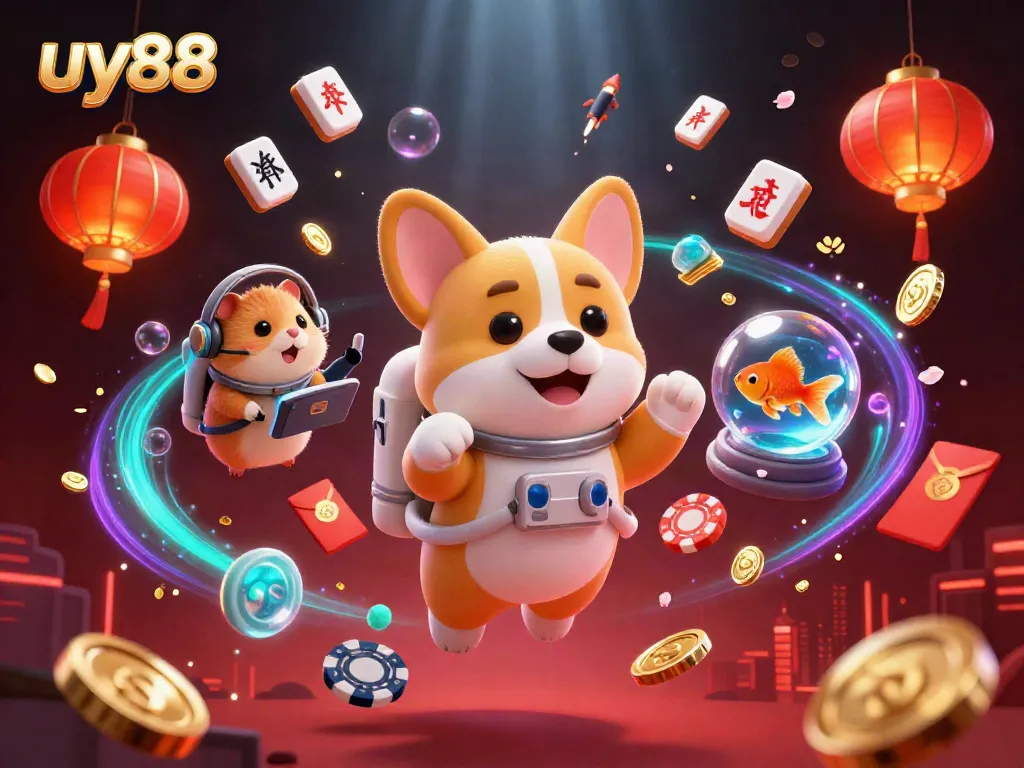 Play exciting games at uy88 with a vibrant, imaginative 3D casino scene featuring immersive arcade elements.
