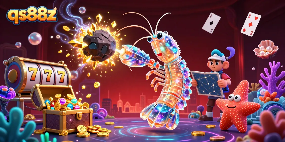 Experience vibrant action in qs88z with a galactic mantis shrimp and treasure amidst glowing casino elements.