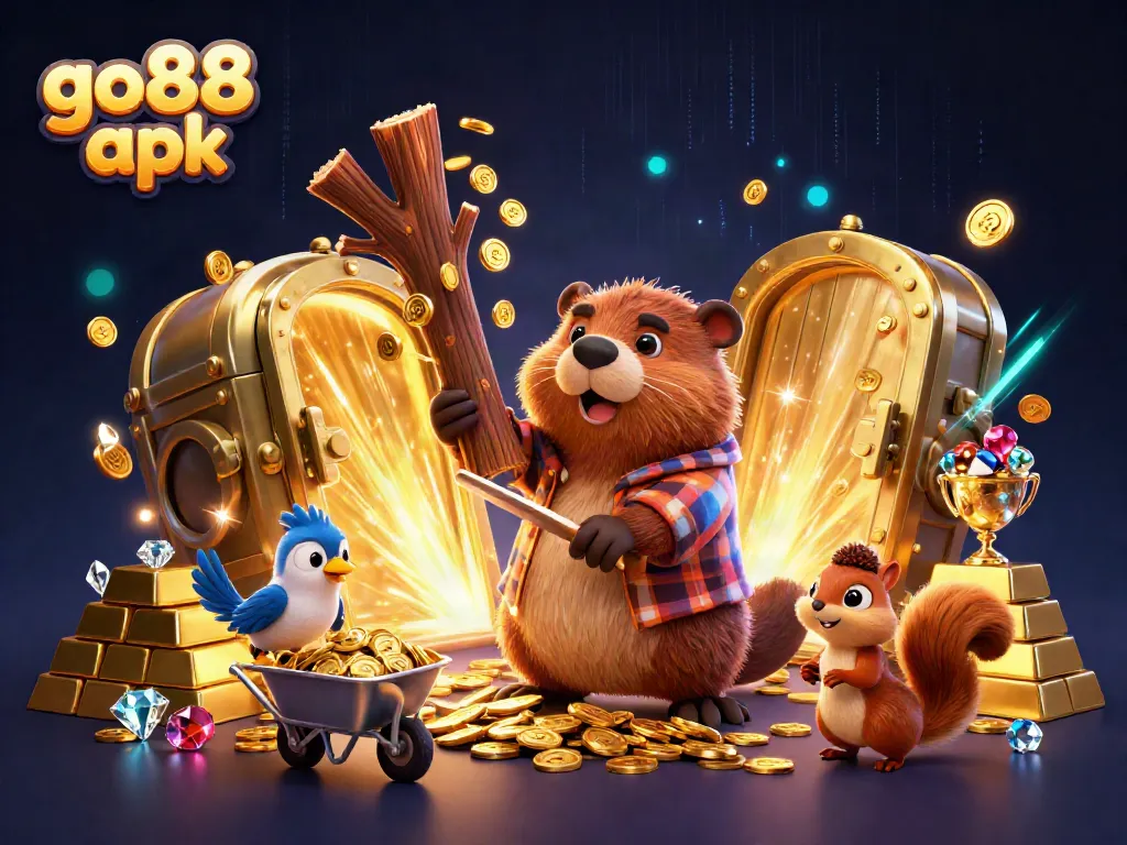 Experience the adventure of winning with go88 apk, featuring a lively beaver and friends collecting gold coins.