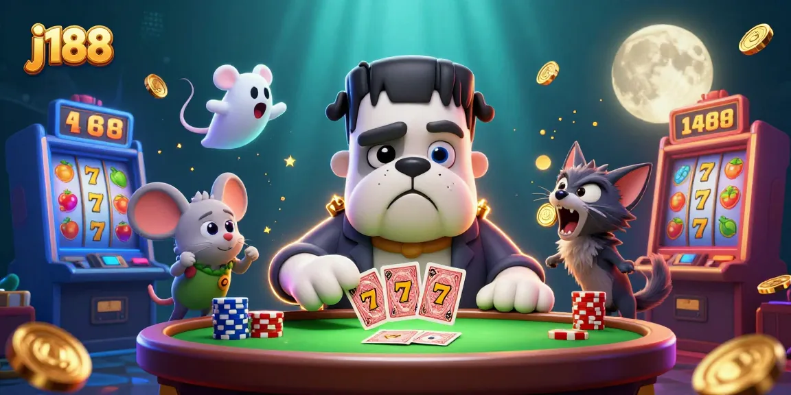 Experience the excitement of j188 with a whimsical 3D casino scene featuring a cartoon bulldog dealing cards.
