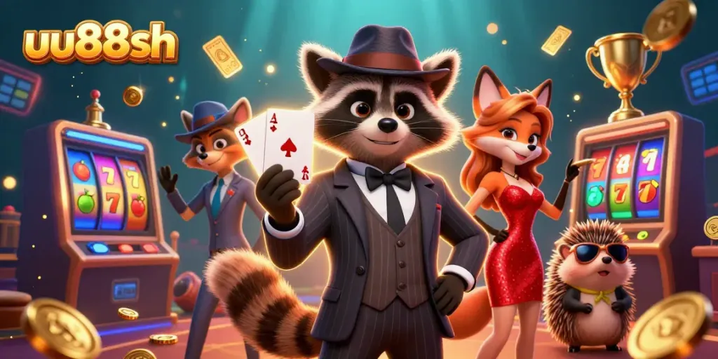 Play exciting slot games with uu88sh featuring a raccoon, fox, and hedgehog in a vibrant casino ambiance.