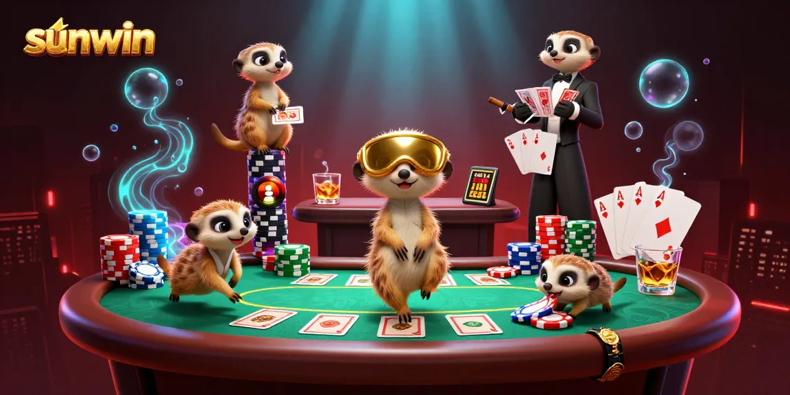 Experience the excitement at sunwin where meerkats manage a vibrant casino, showcasing a dynamic card game scene.