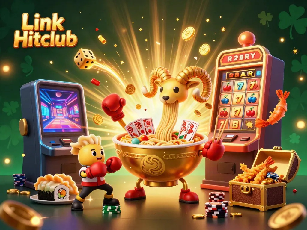 Experience the excitement of Link Hitclub with a vibrant illustration featuring a giant ramen bowl dealer surrounded by thrilling casino elements.