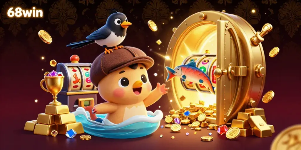 Join the fun with 68win's playful casino atmosphere featuring Nessie, a magpie, and slot elements.