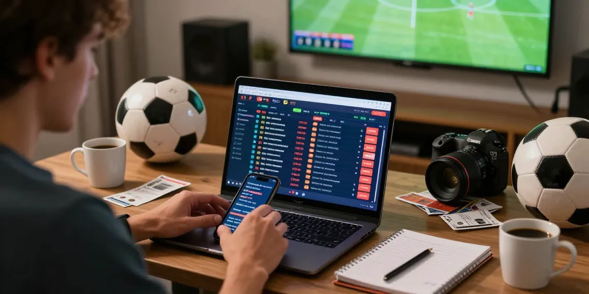 Aktivitas judi bola di rumah dengan pemain yang fokus pada taruhan di laptop dan smartphone.