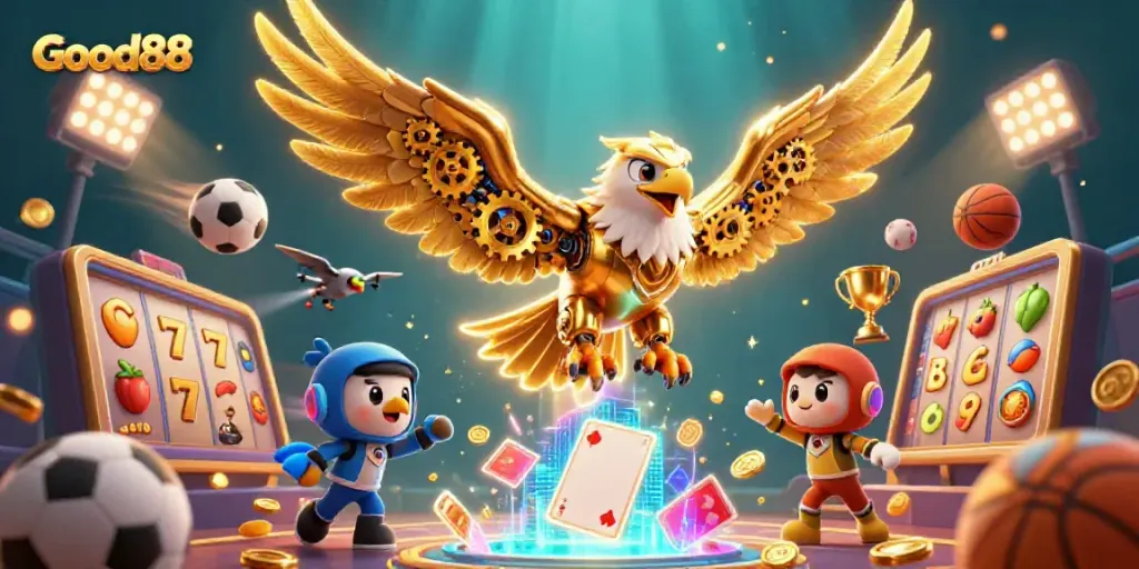 Experience dynamic winning moments at Good88 with a golden eagle amidst slot reels and sports balls.