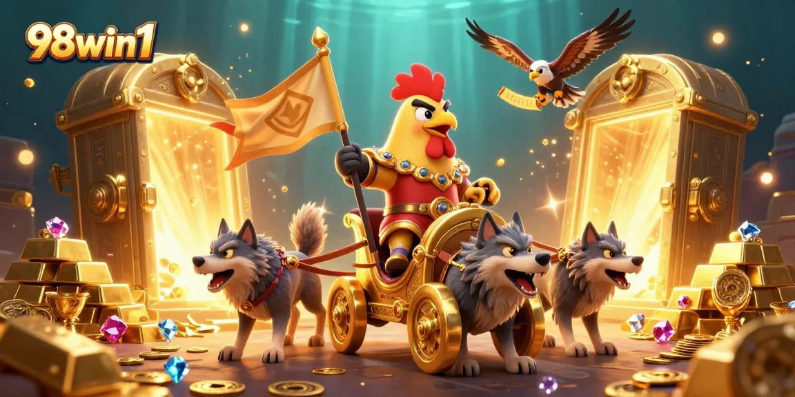 Experience the excitement of 98win1 with a dynamic illustration featuring a rooster warlord and treasures.