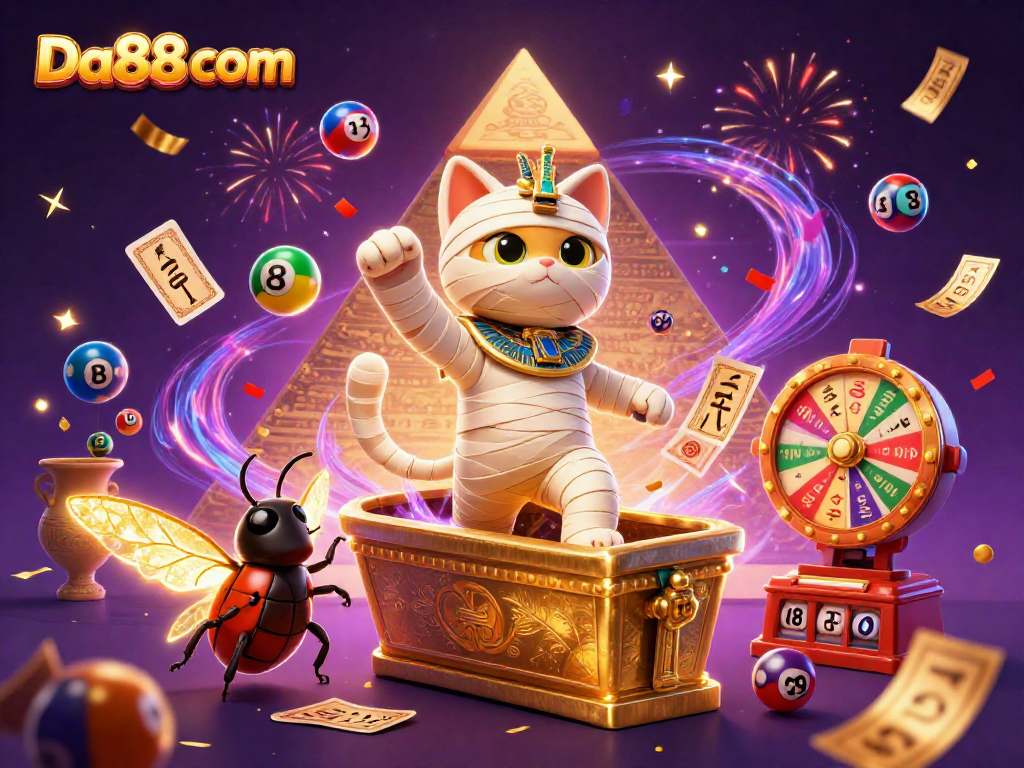 Experience thrilling gameplay with Da88 com, featuring 3D mummy cat at a vibrant casino.