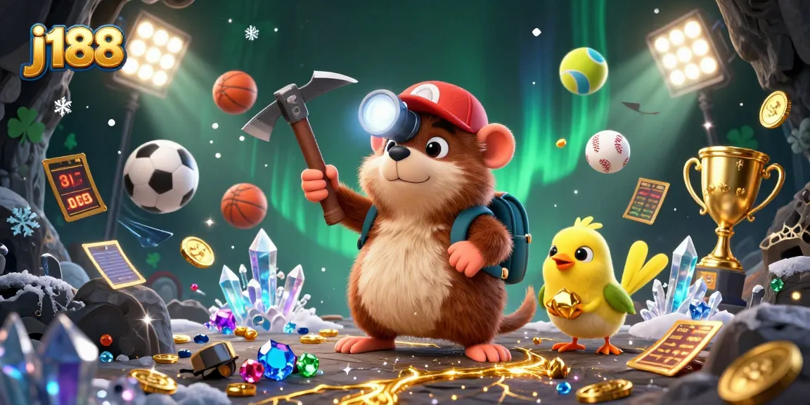 Engage with j188's vibrant gaming universe, where our treasure hunter mole and canary explore riches in a dynamic casino scene.