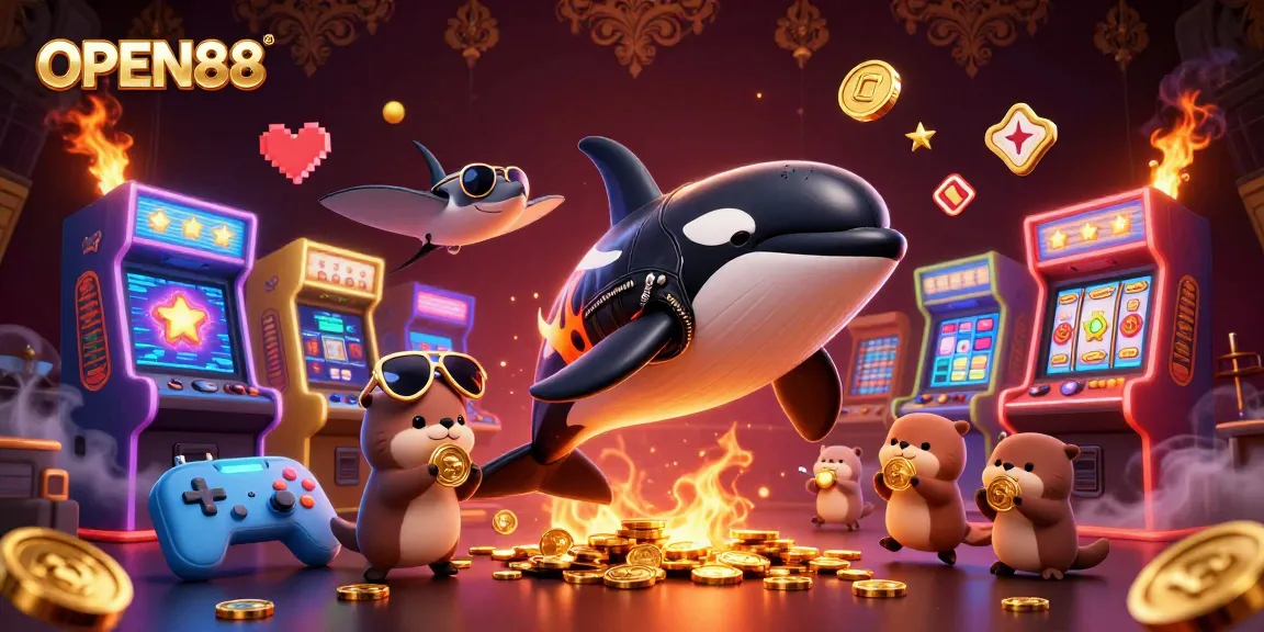 Experience thrilling gameplay with OPEN88 as an orca, stingray, and otters engage in a vibrant casino adventure.