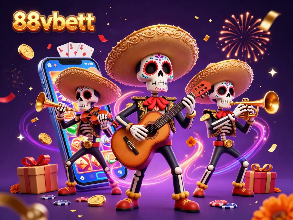 Experience exciting games with 88vbett's vibrant mariachi-themed casino illustration featuring slots and cards.
