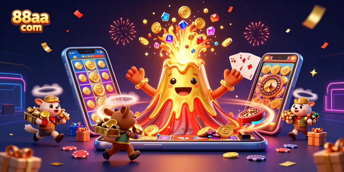 Experience the excitement of 88aa com with a vibrant eruption of treasures and gaming elements.