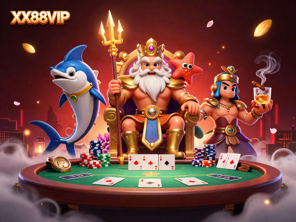 Experience the thrilling essence of gambling with XX88VIP’s poker scene featuring Neptune and vibrant casino elements.