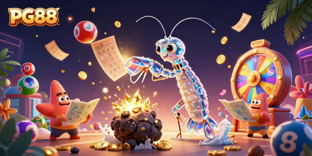 Engage with PG88's vibrant gaming universe as a galactic samurai shrimp conquers riches in a colorful casino world.