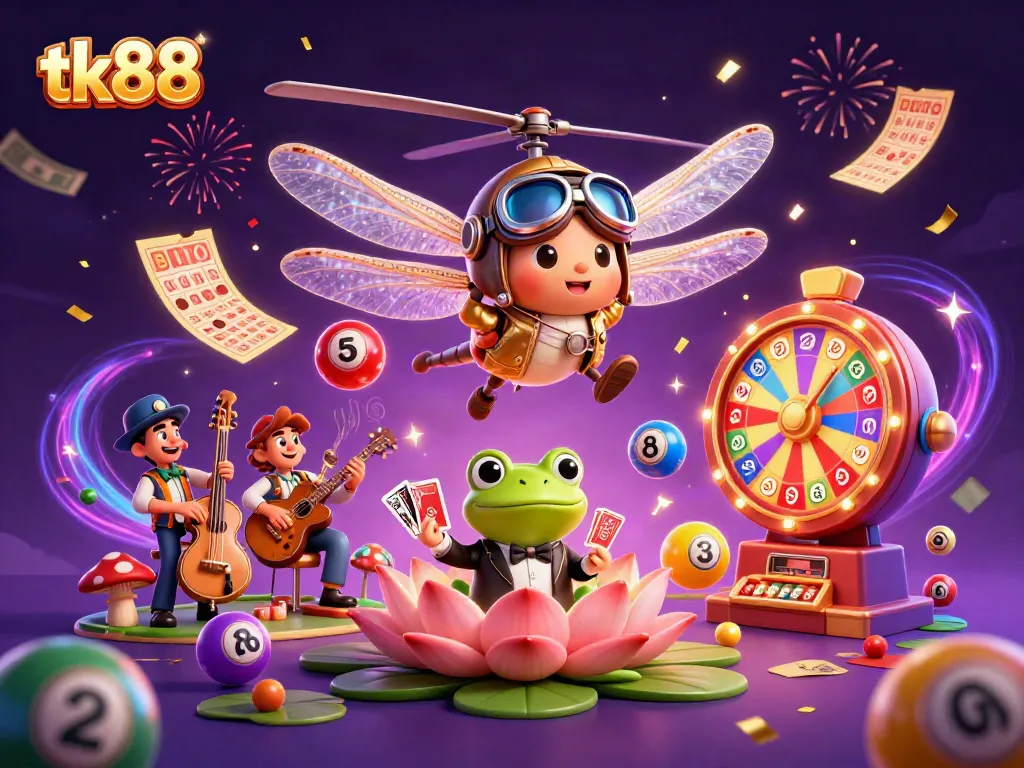 Experience the thrilling games at tk88 with this vibrant casino scene, featuring a helicopter pilot, frog croupier, and jazz musicians.