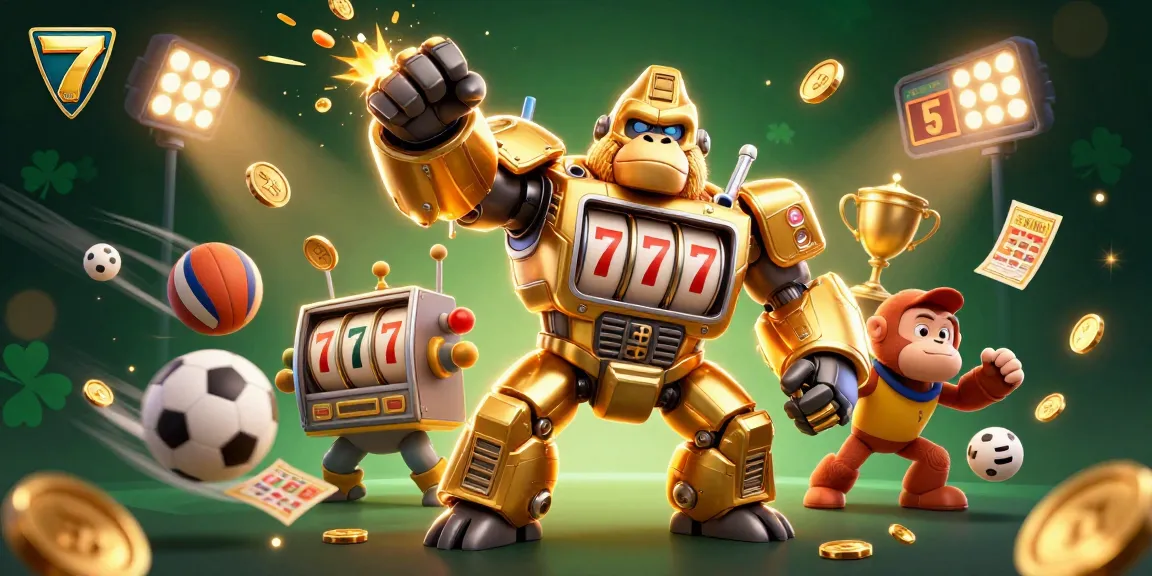 Engage with 7CLUB's thrilling casino action featuring dynamic golden gorilla mech and vivid sports elements.
