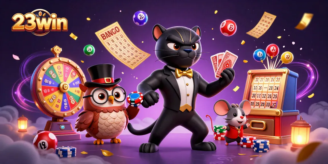 Experience the excitement of 23win with a lively 3D illustration showcasing a panther, owl, and mouse amidst colorful casino elements.