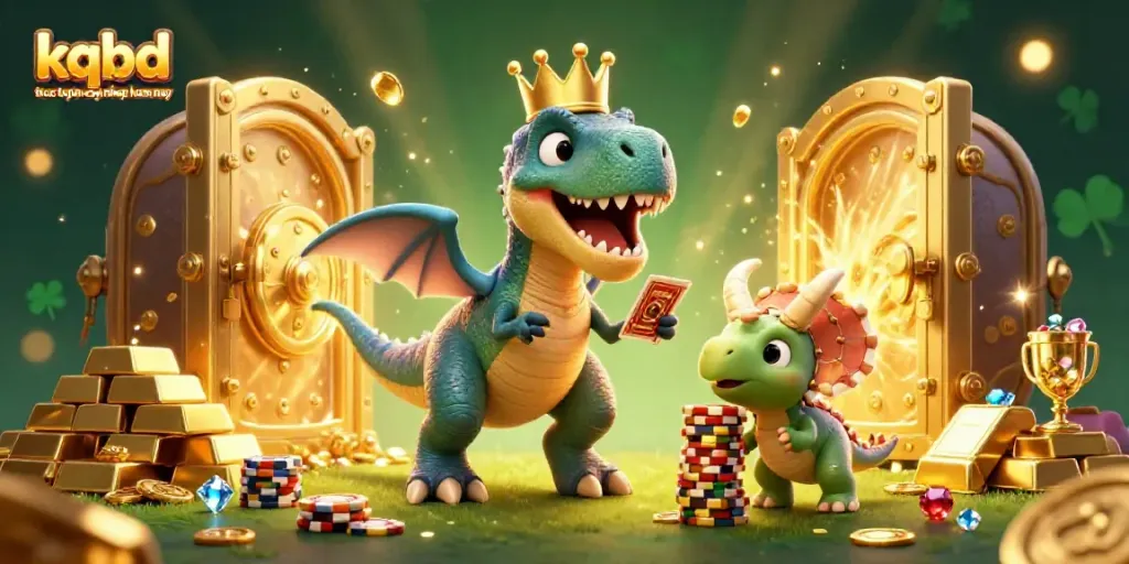 Experience kqbd truc tuyen cap nhap hom nay in a vibrant 3D casino scene showcasing gaming excitement with T-Rex, cards, and golden chips.