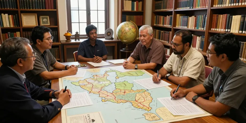 Researchers discussing the history of the Dutch-Indonesian conflict at ROKOK88 daftar.