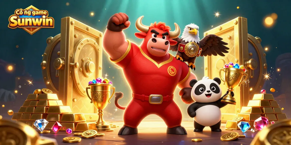 Cổng game Sunwin showcases victory with a muscular bull, eagle, and panda amidst treasures and glimmering gems.