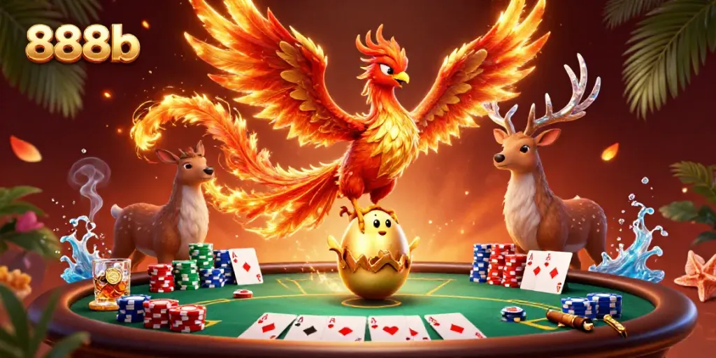 Experience thrilling gameplay with 888b as the fire phoenix triumphantly soars over a rich casino scene.