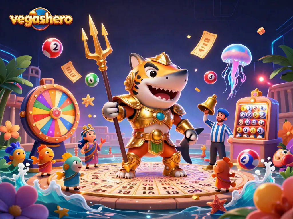Engage with vegashero's vibrant casino action featuring a dynamic tiger shark in armor amid colorful gaming elements.